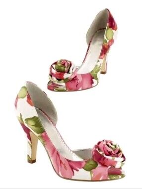 Y2k Michelangelo Bloom Satin Peep Toe Rose Bud Pumps Heels Leather Pink Sage 7.5